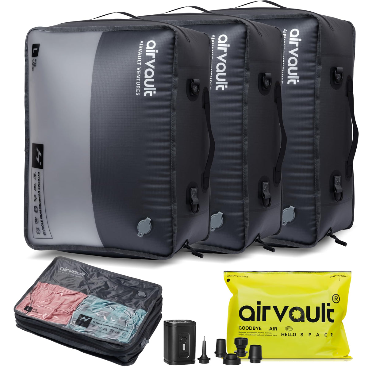 AirVault Reusable Vacuum Compression Travel Bag for Carry-On Suitcase and Backpack, Recycled IPX8 Waterproof Space Saver Vacpack (21L Gray (3-Pack) (Air Pump Included)