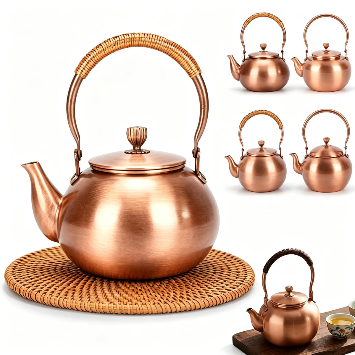 Handmade Copper Kettle 1200ML, Copper Stovetop Tea Kettle, Handmade Solid Copper Teapot with Stay-Cool Grip, Fast Boiling Gas Stove for Tea Ceremony Home Kitchen Use (1.3L-C)