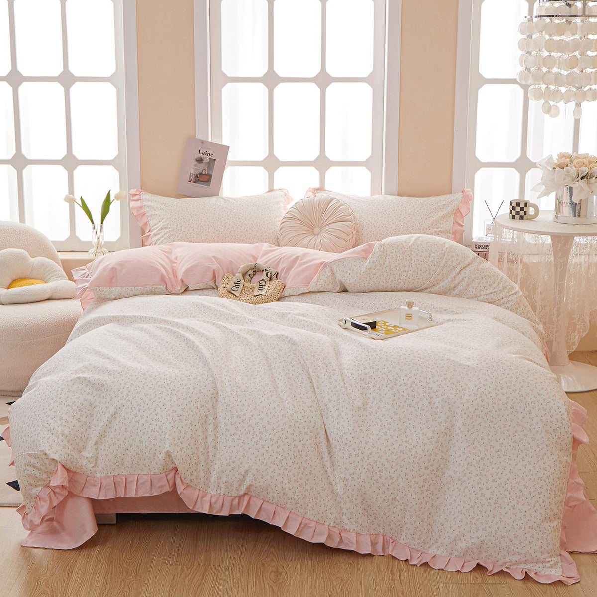 Floral Duvet Cover Set Muslin Cotton Queen(90"x90"),Pink Flower