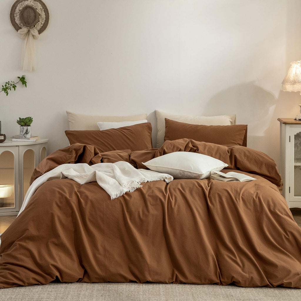 Duvet Cover Set Washed Cotton Embroidered Hem King 3‑Pcs