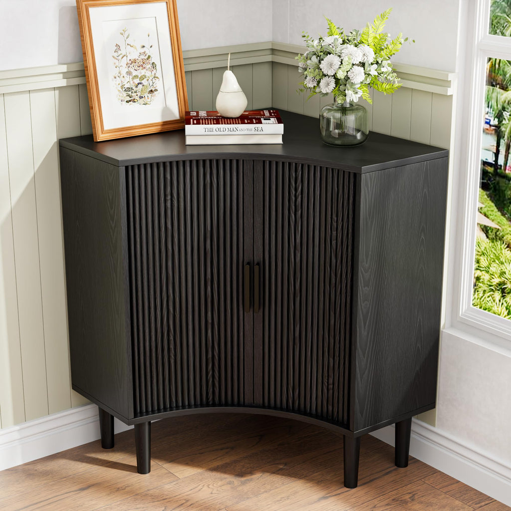 Lxsxlome Fluted Corner Cabinet with Sliding Doors and Adjustable Shelves