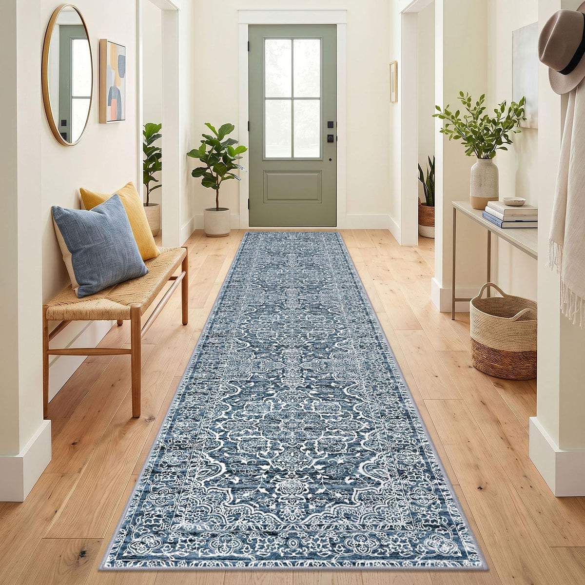 KUTA Vintage Extra Long Runners for Hallways 2.6x18ft Washable Blue White