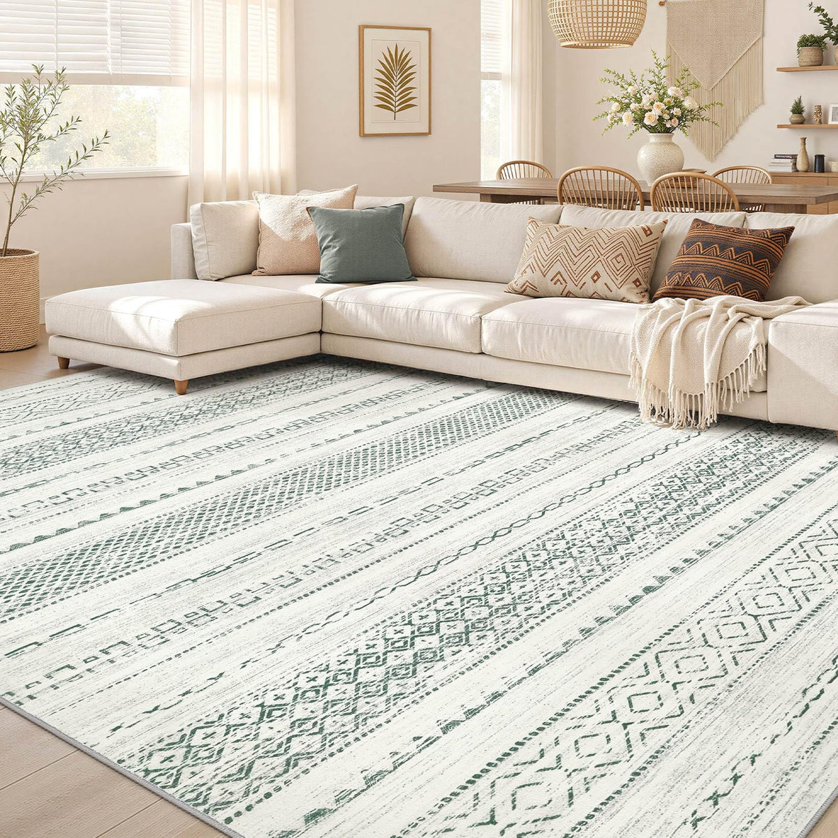 Nakagishi Boho 8x10 Area Rug Living Room Rugs Machine Washable Beige