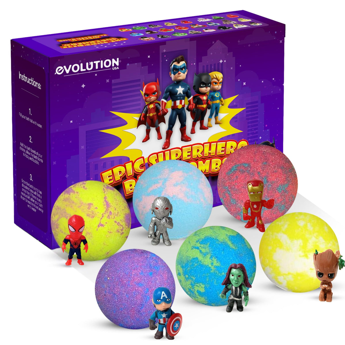 EvolutionUSA Black Epic Superhero Bath Bombs for Kids, 6 Super Hero Bath Bombs with Toy Inside Bathbombs, Organic Bathbomb with Surprise Inside, Bath Balls, Fizzy Superhero Bath Ball