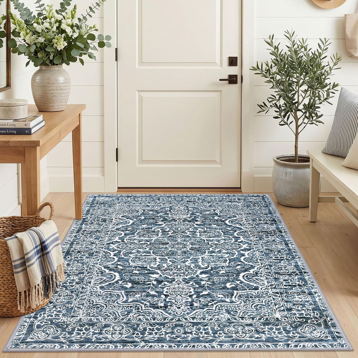 KUTA Vintage Extra Long Runners for Hallways 2.6x18ft Washable Blue White