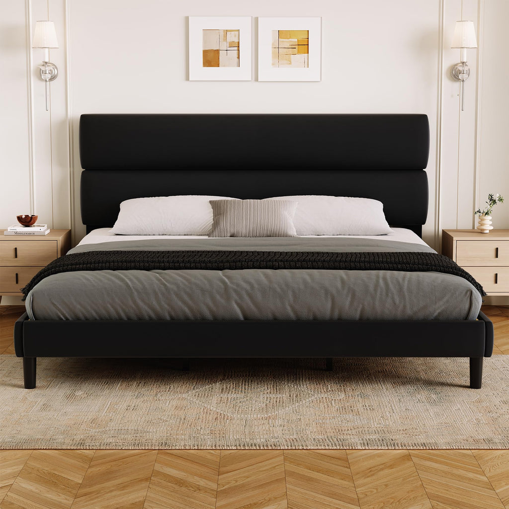 GRUSIGN King Size Platform Bed Frame with Velvet Headboard, Adjustable Height Wooden Slats Support, Upholstered Mattress Foundation, Fits Mattress or Mattress with Box Spring, Easy Assembly, Beige