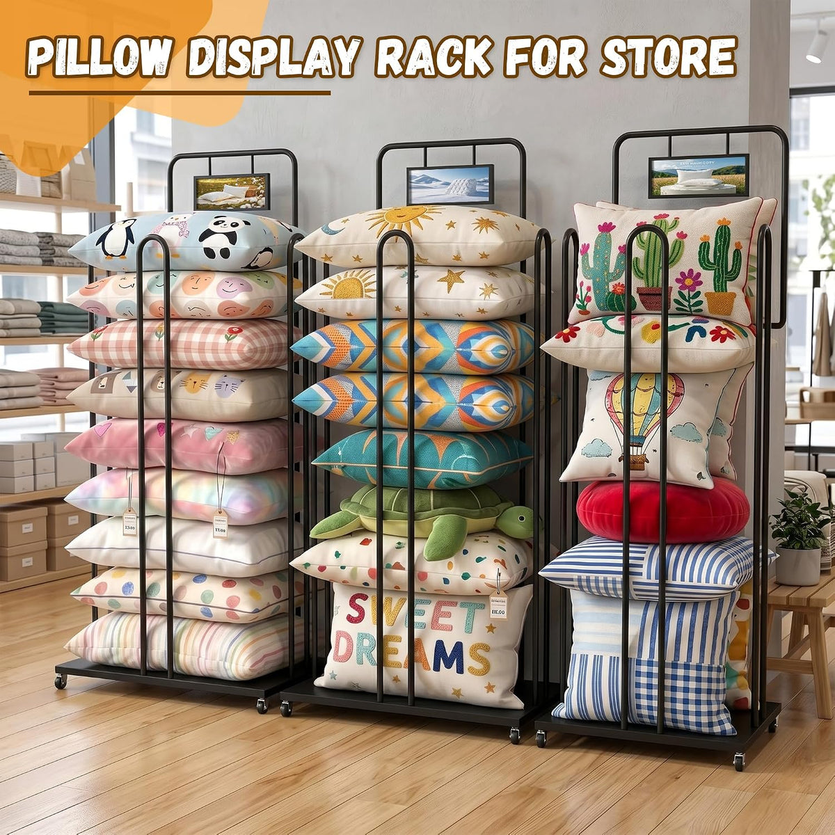 Rolling Pillow Storage Rack, Cushion and Pillow Holder with Sign Holder
