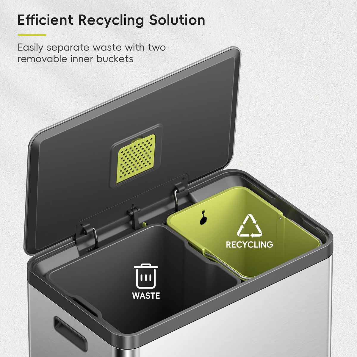 EKO EcoCasa II 36L+24L Dual Trash Can with Recycle Bin, Stainless Steel Garbage Can with Lid, Deodorizer Compartment, Odor-Proof and Fingerprint Resistant