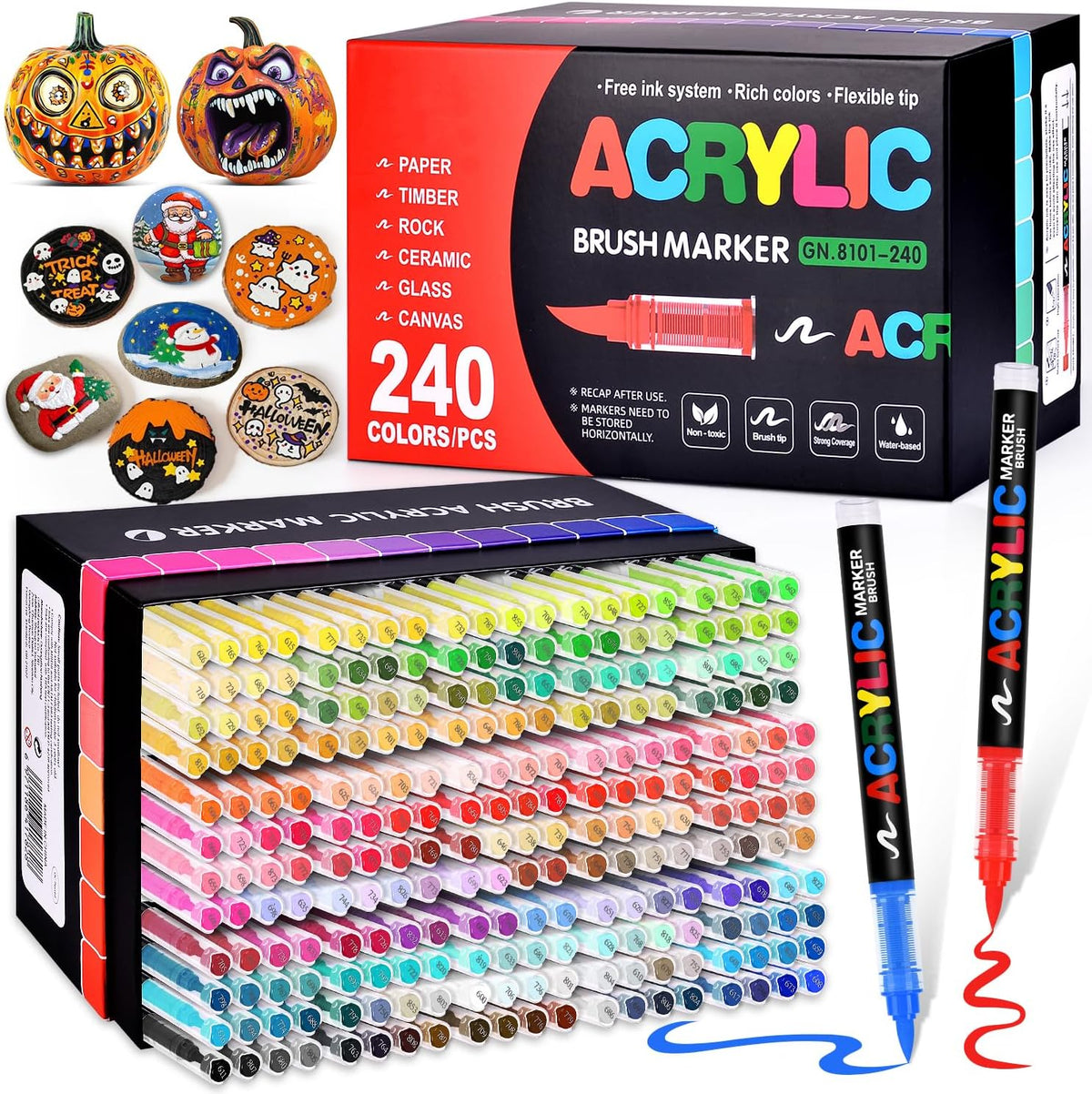 Acrylic Paint Markers Brush Tip 240 Colors, Automatic Ink Control, No-Bleed
