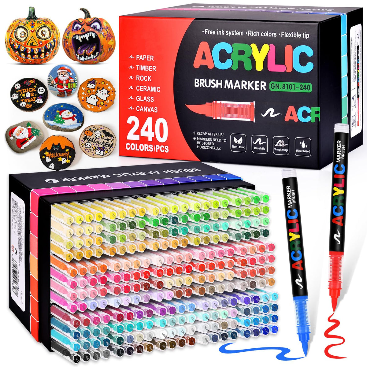 Acrylic Paint Markers Brush Tip 240 Colors, Automatic Ink Control, No-Bleed