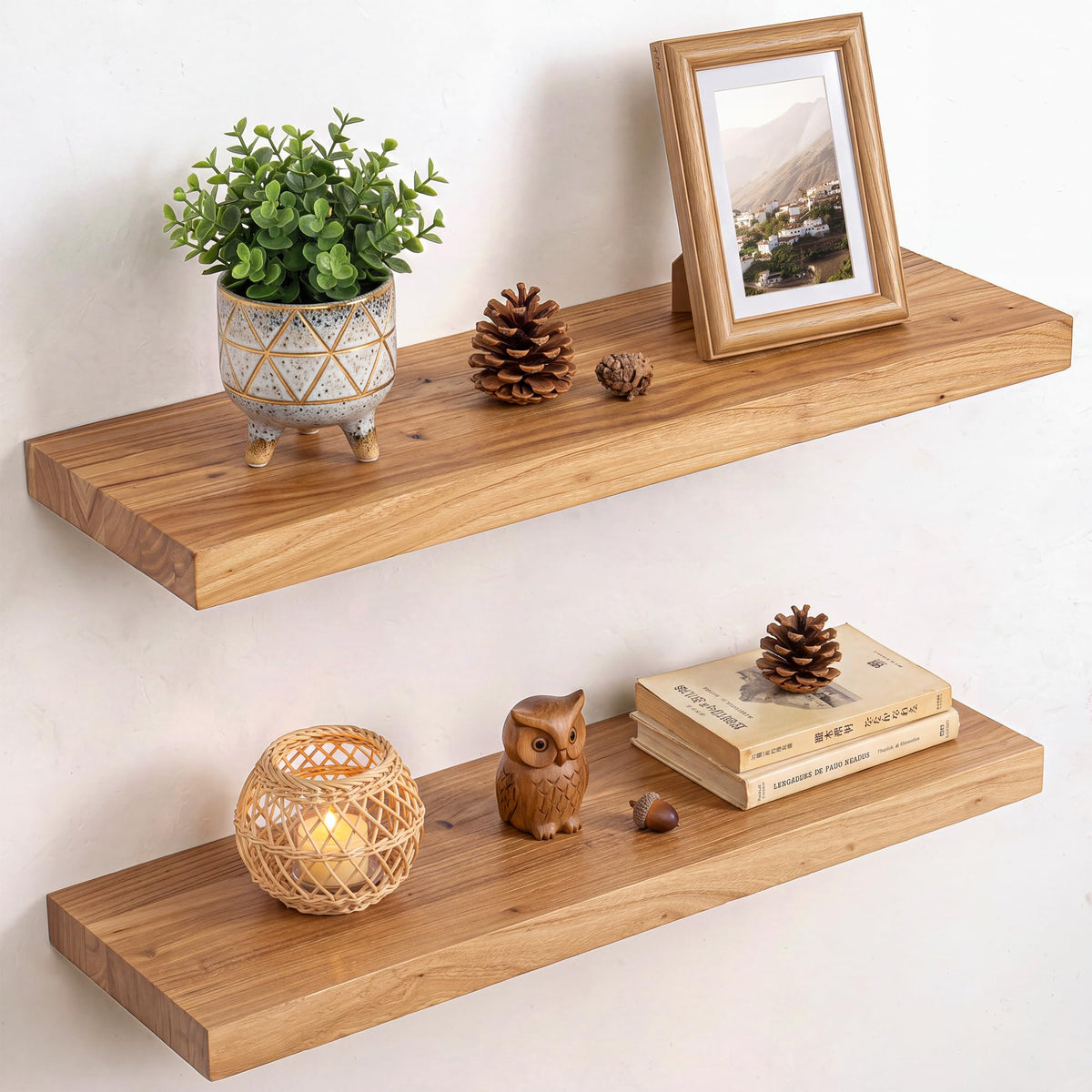 Live Edge Elm Floating Shelves - 24 In Rustic Solid Wood Shelves with Heavy-Duty Invisible Bracket, Wall-Mounted Wooden Shelf for Living Room, Bathroom, Kitchen Storage & Display, Set of 2, Natural