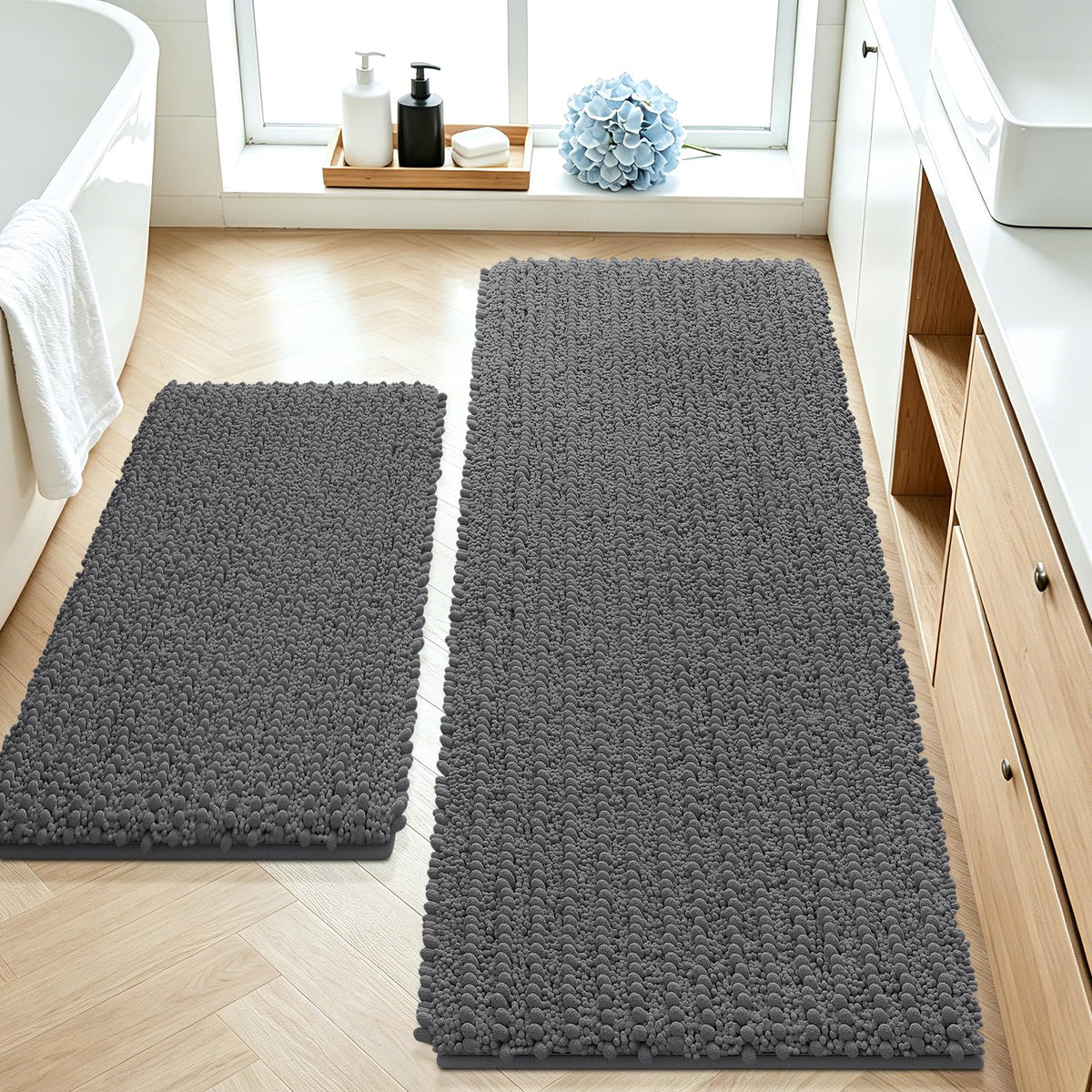 ACCUMTEK Upgrade Extra Large Black Bathroom Rug Set 3 Pieces Ultra Soft, Thick Absorbent Bath Mats, Non Slip Chenille Toilet Mat for Bathroom, Bedroom, Kitchen