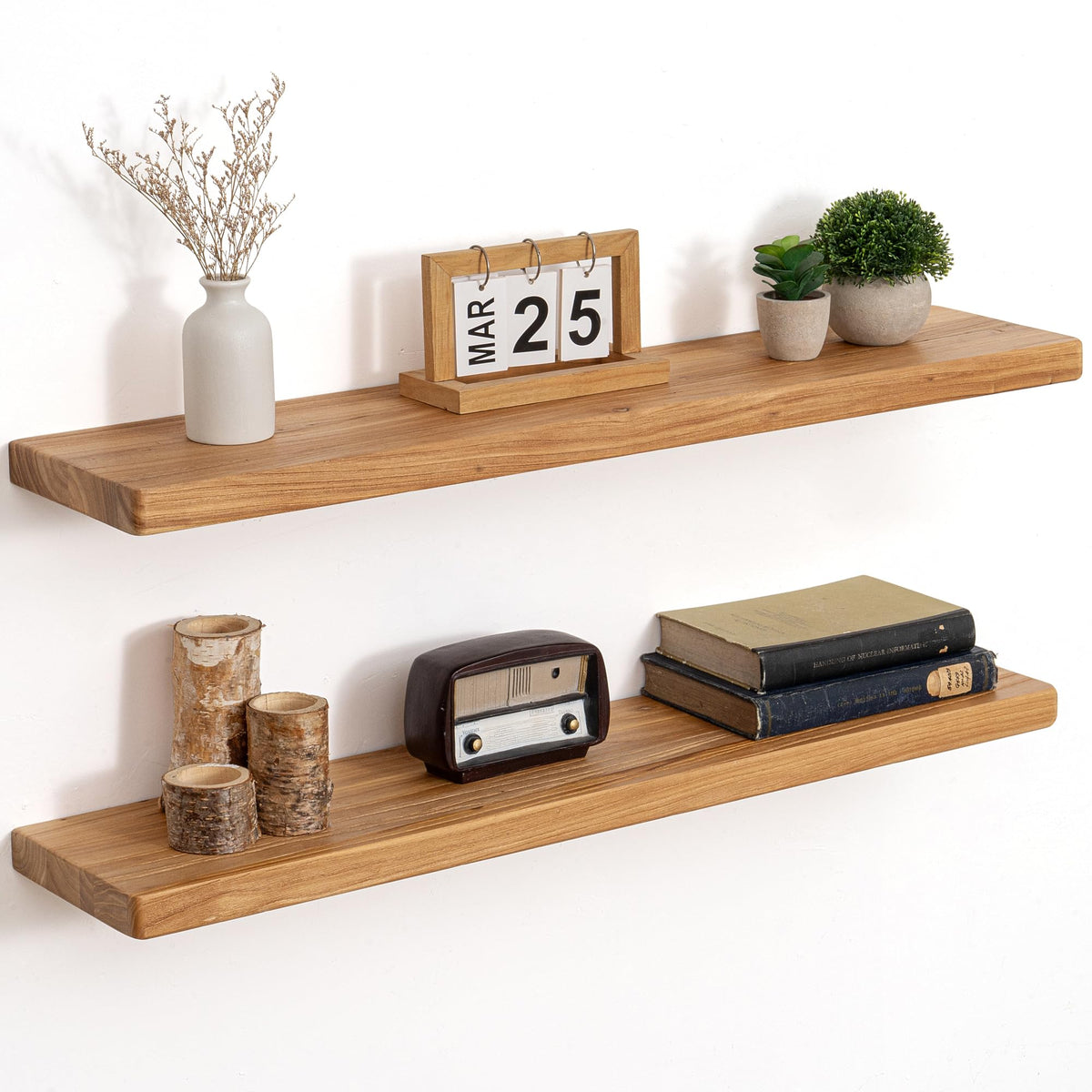 Floating Shelves for Wall, Solid Elm Wood Shelves, 24in Set of 2, Natural