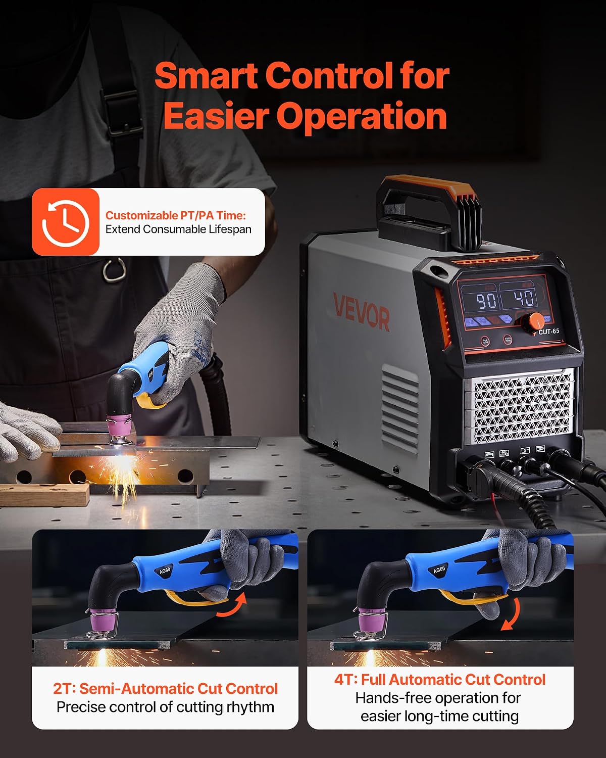 VEVOR Plasma Cutter, 65A Non-Touch Pilot Arc Plasma Cutting Machine, 110V/220V Dual Voltage Digital Display IGBT Inverter - with 2T/4T Function & Adjustable PA/PT Time for Home Repairs, Workshops