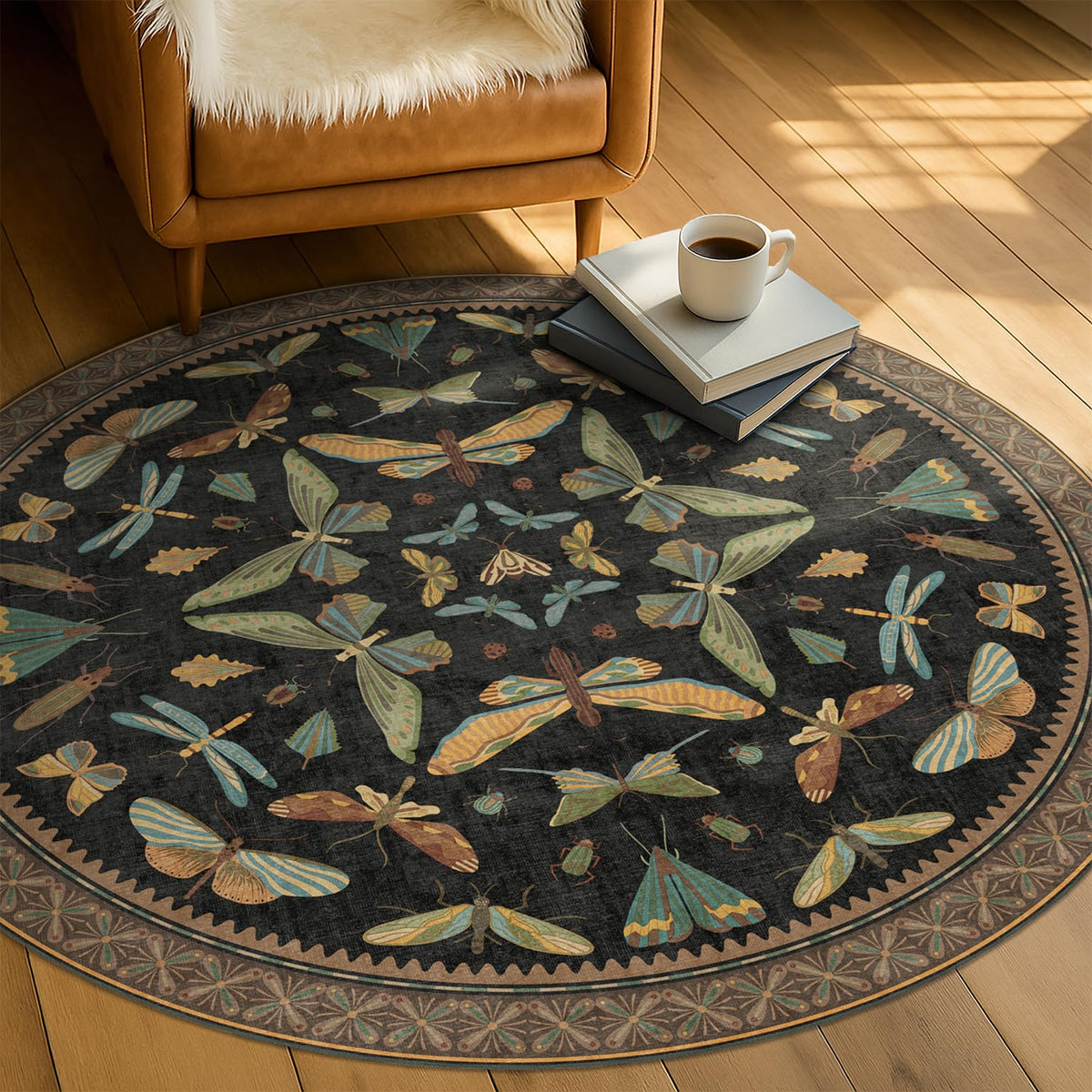 Hazo Haus Dark Green Insect Area Rugs 8x10 for Living Room, Dining Room Under Table, Bedroom, Unique Washable Floral Non Slip Low Pile Soft Rug