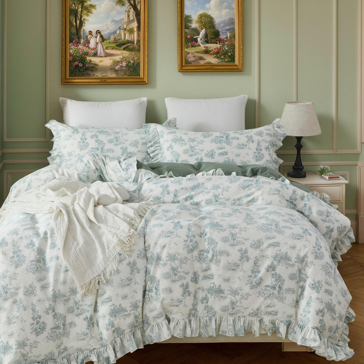 Brandream French Country Toile Queen Duvet Cover Set for Girl Women Bedroom Vintage Pink Toile Floral Print 100% Cotton Duvet Quilt Comforter Cover Pillow Shams Set with Delicate Ruffle Fringe