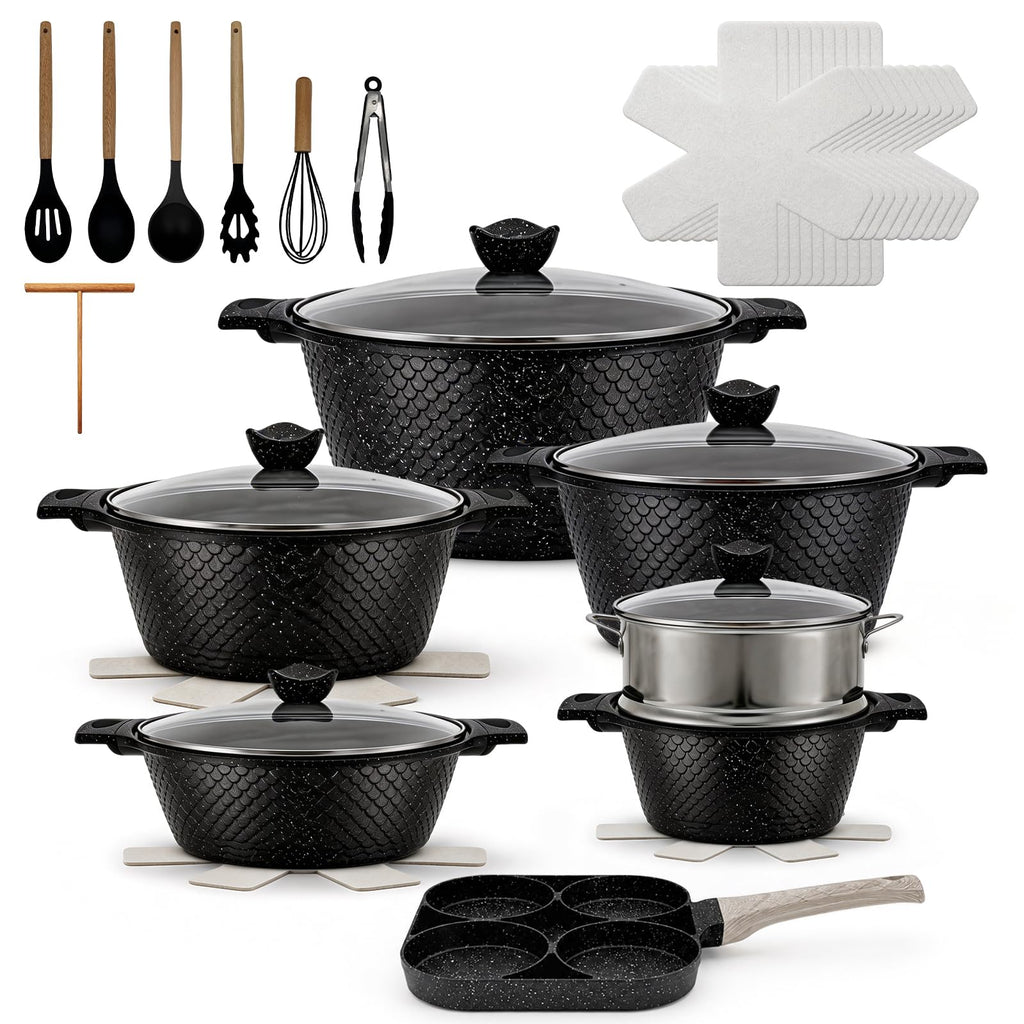 16PCS Nonstick Pots and Pans Set, Premium Nonstick Cookware with Lids and Utensils, 2.4QT to 8.8QT Casseroles, Healthy Kitchen Cookware Set, Dishwasher Safe, Induction Compatible, Black