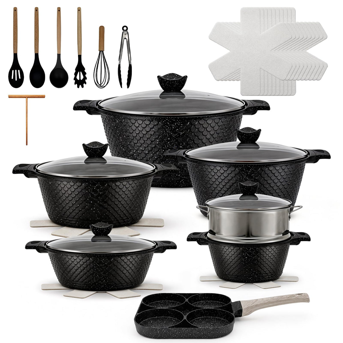 16 Piece Black Ceramic Sauce Pots and Pans Set, Nonstick Cookware Set with Lids,Fish Scale Kitchen Utensils, Healthy Ceramic Cooking Set, Induction Compatible, Dishwasher Safe, PFOA & PFAS Free
