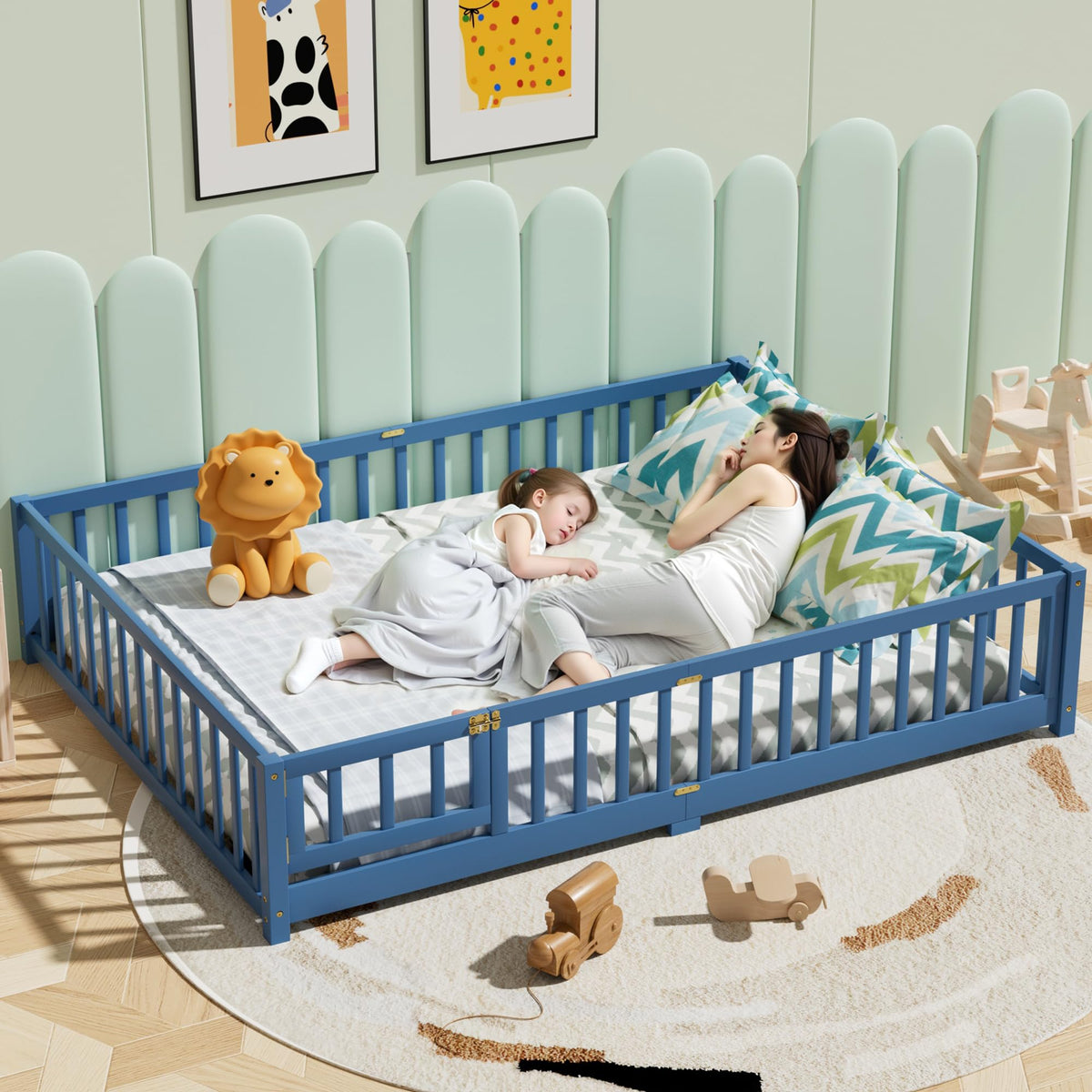 i-POOK Twin Floor Bed for Children, Sturdy Wood Montessori Bed Frame with Wood Slats, High Fence & Small Door, Montessori Floor Bed for Girls and Boys, White