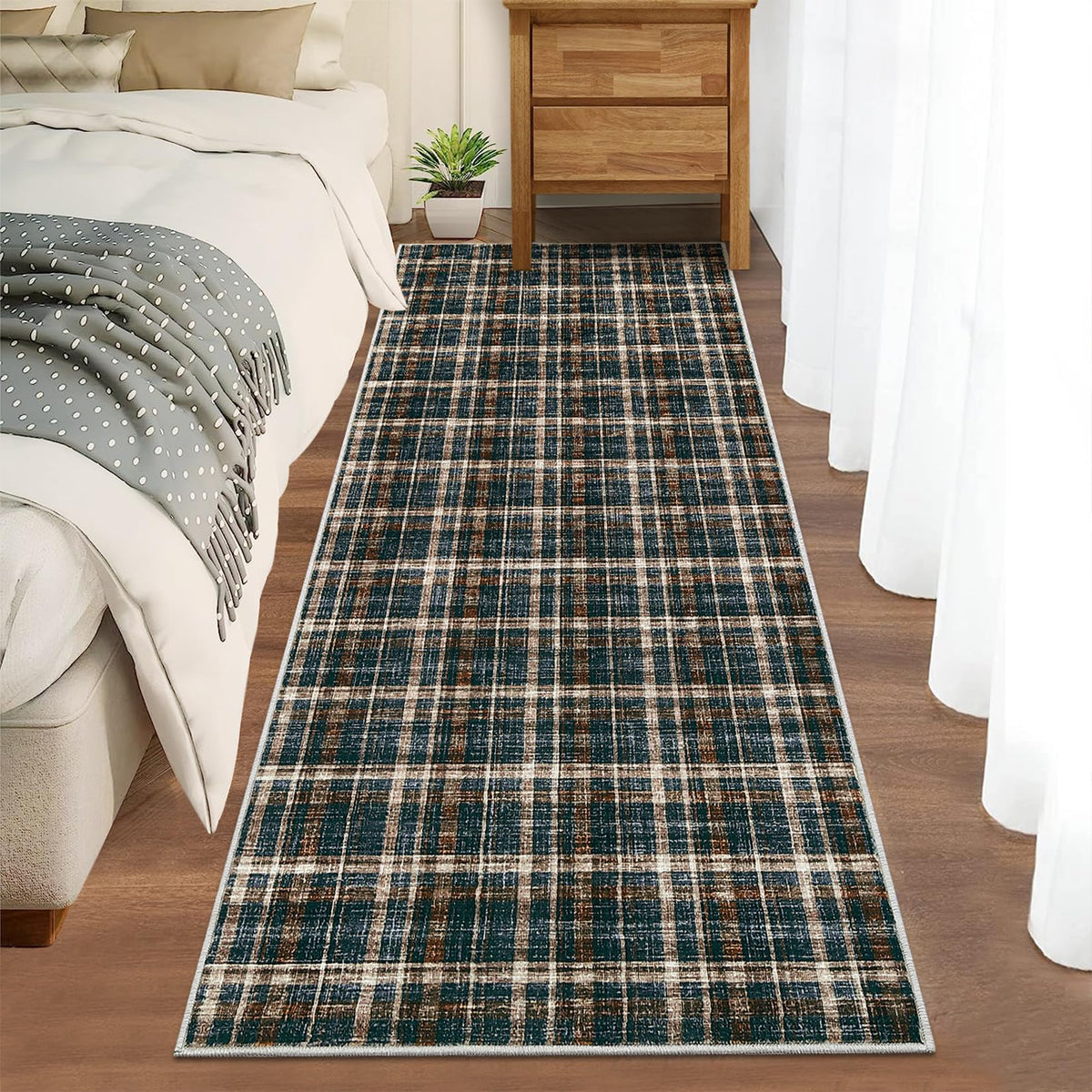Modern Washable 8x10 Area Rug - Soft, Non-Slip, Stain Resistant, Farmhouse Tartan Plaid for Living Room, Bedroom, Nursery, Office - Beige
