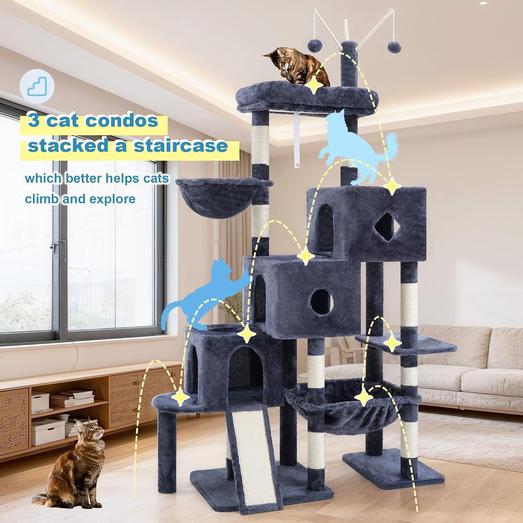 Hey-brother Cat Tree Tower with 3 Condos, Step Climbing Pathway MPJ081G