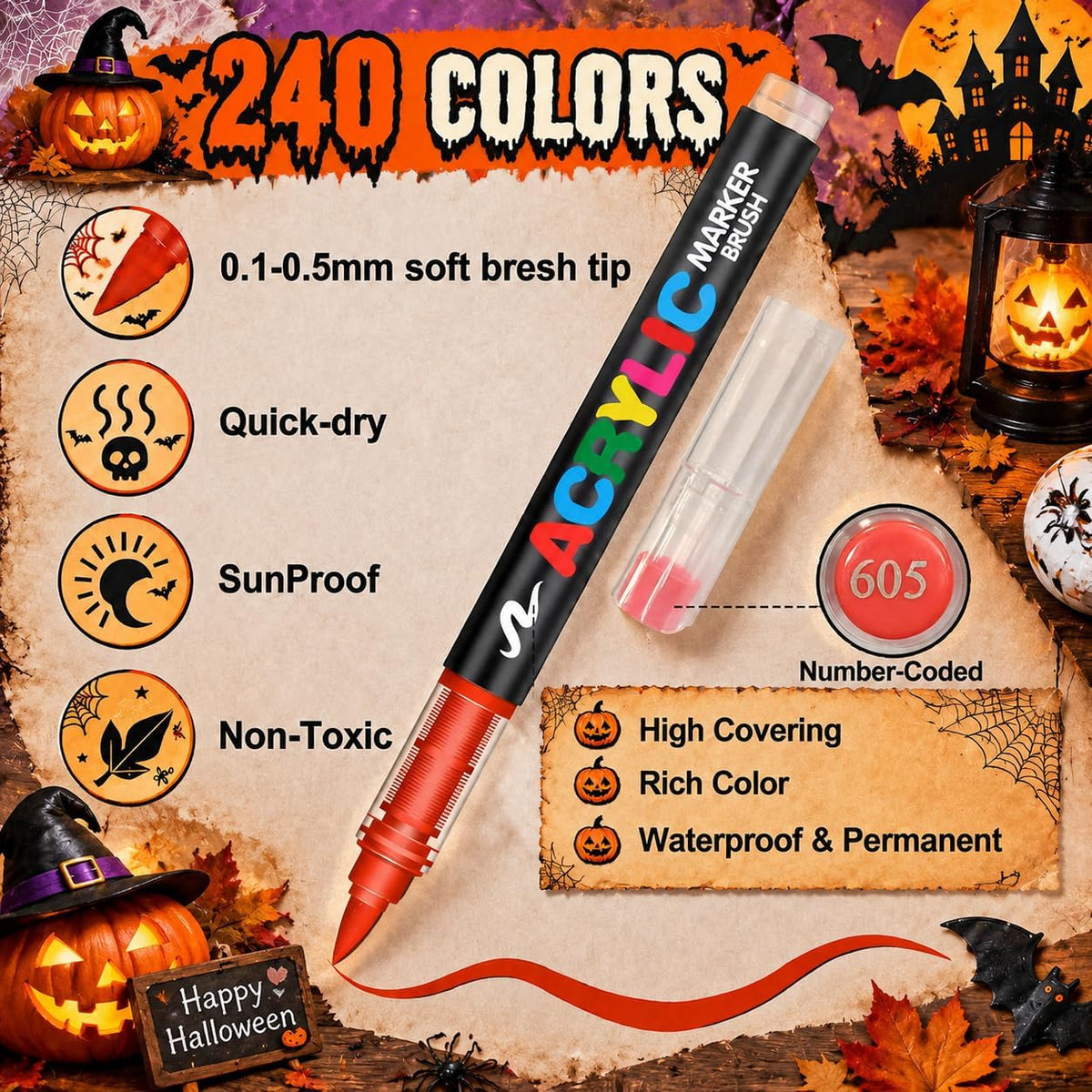 Amamao 240 Colors Soft Brush Tip Acrylic Paint Markers for Rock Painting
