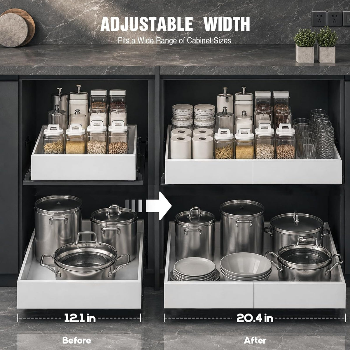 Seinloes 4 Pack Expandable Pull Out Cabinet Organizer 21"Deep With Raising Pad for Framed Cabinets,Upgrade 3 Slide Rails Slide Out Drawers,No Drill Roll Out Shelves,Adjustable Width 12.1"-20.4" White