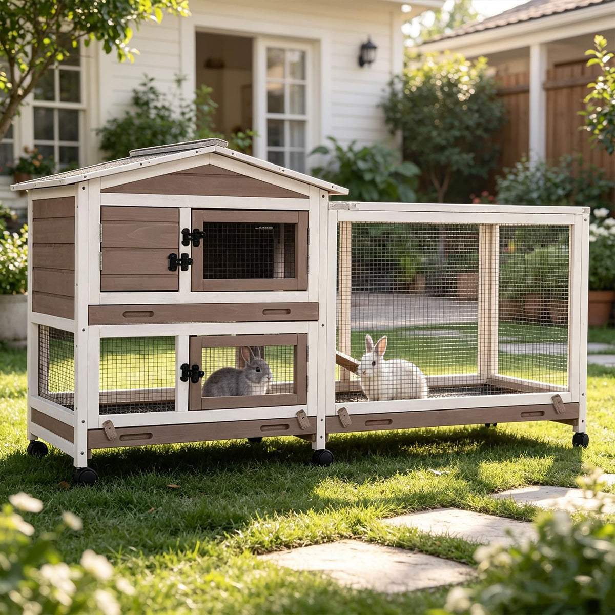 GUTINNEEN Rabbit Hutch Indoor Outdoor Bunny Cage Upgrade Large Space for Rabbit,Guinea Pig,Bunny and Other Small Animals,On Wheels Move Easily.