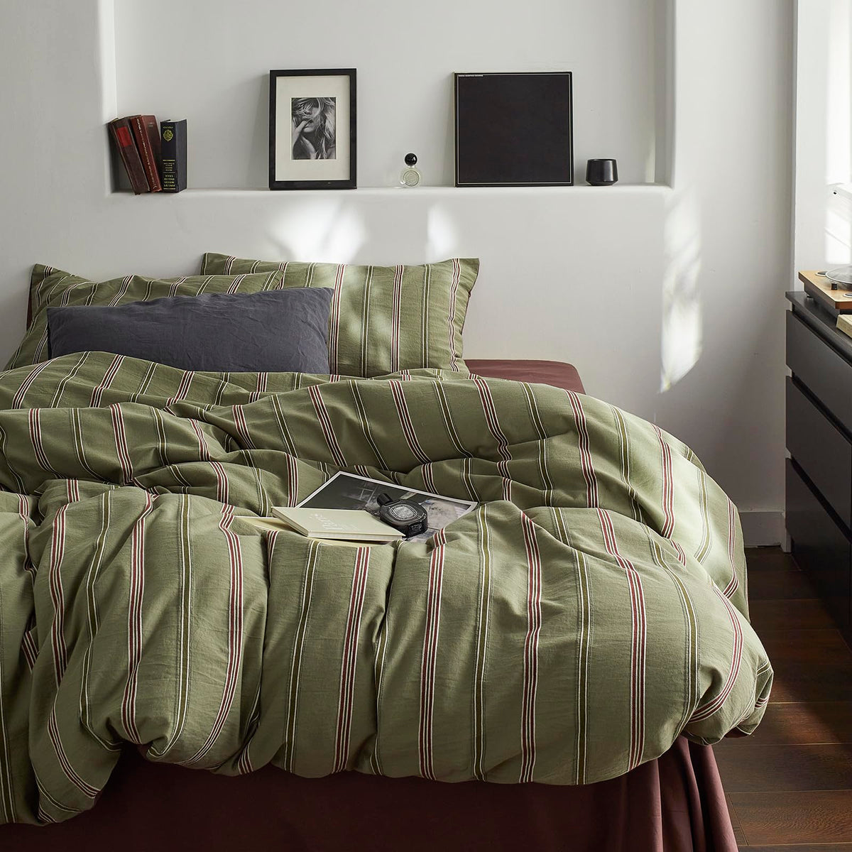 mixinni Vintage Buffalo Plaid Duvet Cover Set Queen Size - 3 Piece Washed Cotton Bedding Set with Grid Pattern, Soft & Breathable Duvet Cover with Pillowcases for All Seasons,(Brown & Blue,Beige)