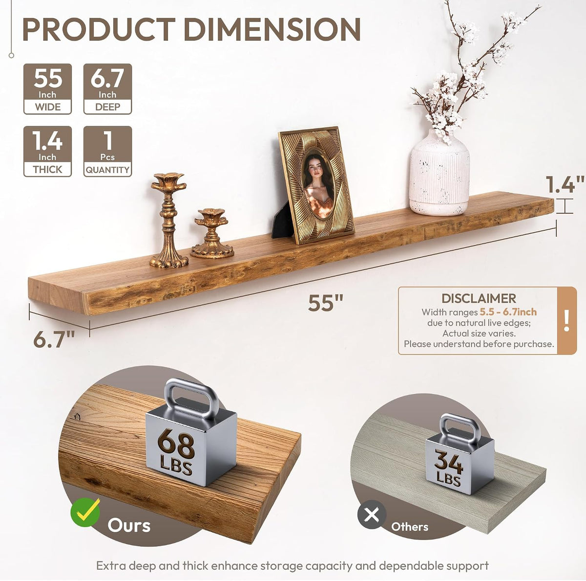 Marsmiles 55in Long Floating Shelves for Wall Mounted, 1Pack|Natural