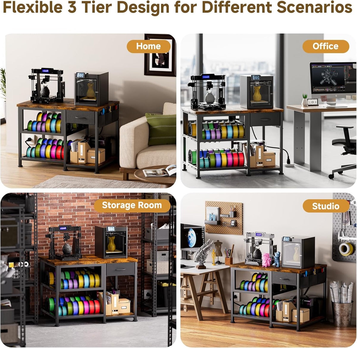 3D Printer Stand with Filament Storage Rack, Heavy Duty 3D Printer Table with Power Outlet, 3-Tier Filament Holder with Drawer, 3D Printer Filament Stand Organized for Office Workshop Studio