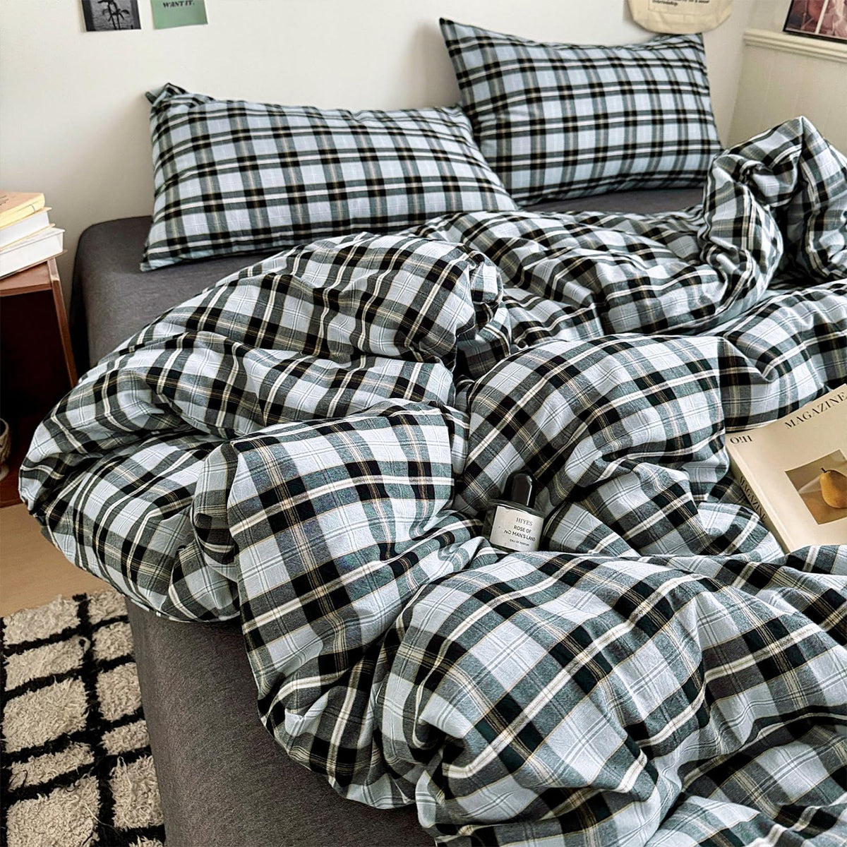mixinni Vintage Buffalo Plaid Duvet Cover Set Queen Size - 3 Piece Washed Cotton Bedding Set with Grid Pattern, Soft & Breathable Duvet Cover with Pillowcases for All Seasons,(Brown & Blue,Beige)