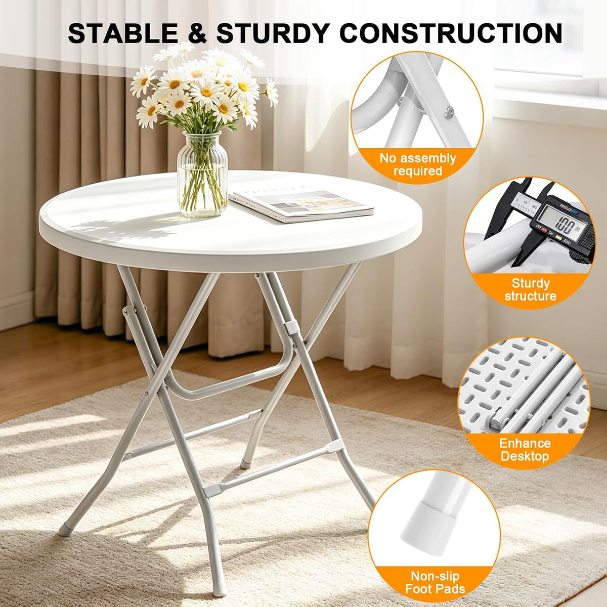 32" Round Folding Table, HDPE Top & Metal Frame, 2 Pack, White