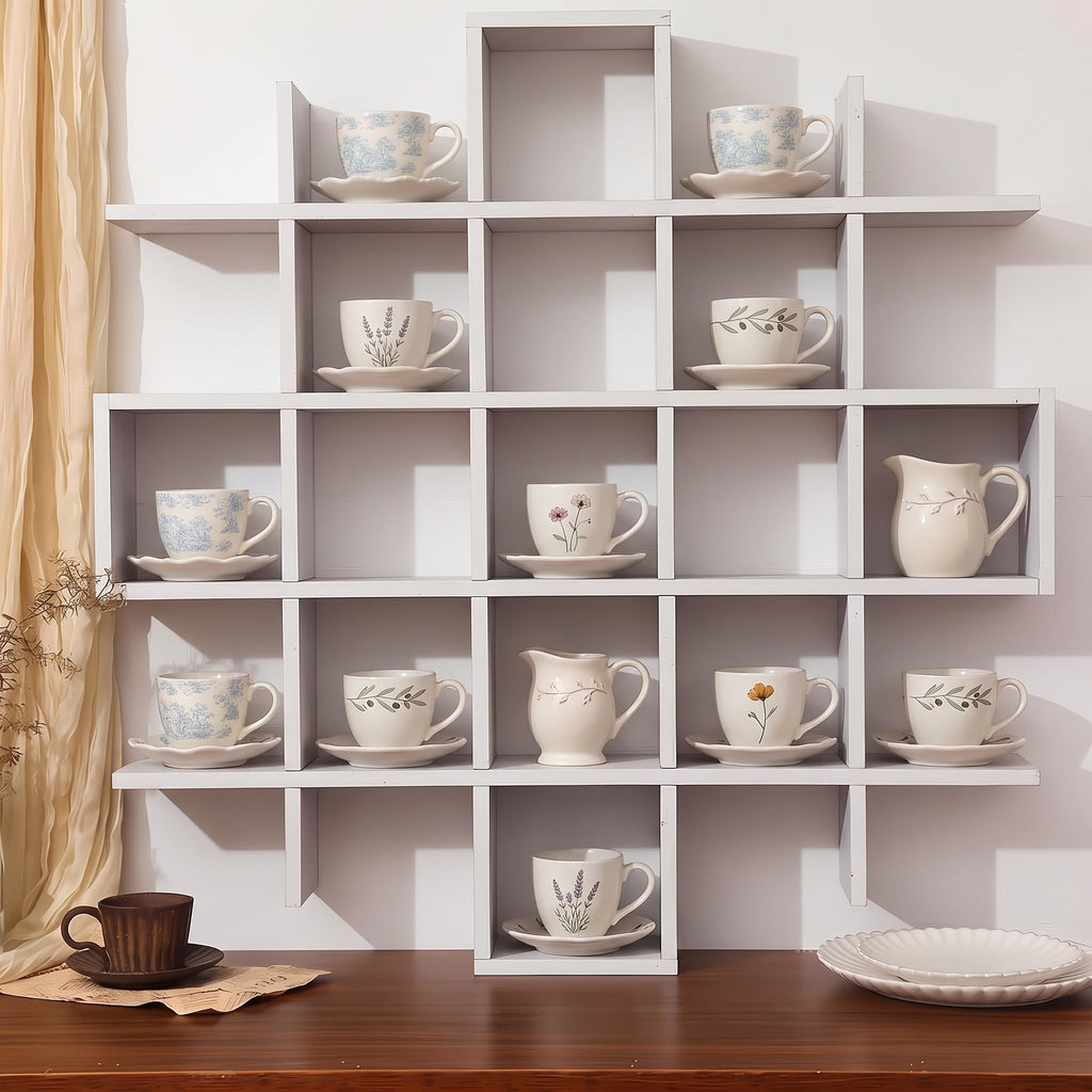 Suzile 5x5 Wall Shelf for Tea Cups Saucers, Rustic Wood Rack, Brown