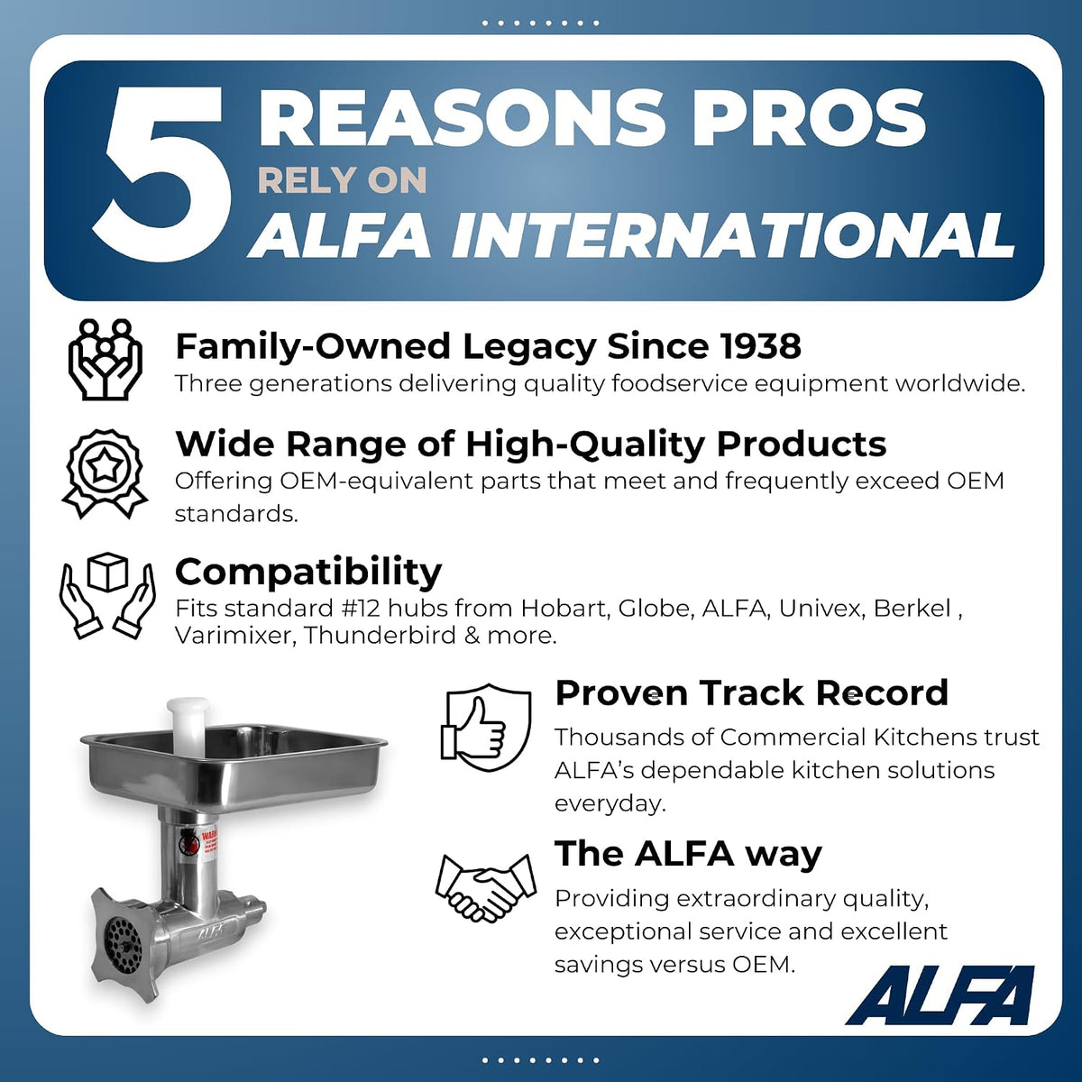 ALFA 12 SS CCA Stainless Steel Meat Chopper/Grinder Attachment | Complete Meat Grinder Attachment for Standard #12 Power Hub Meat Grinders