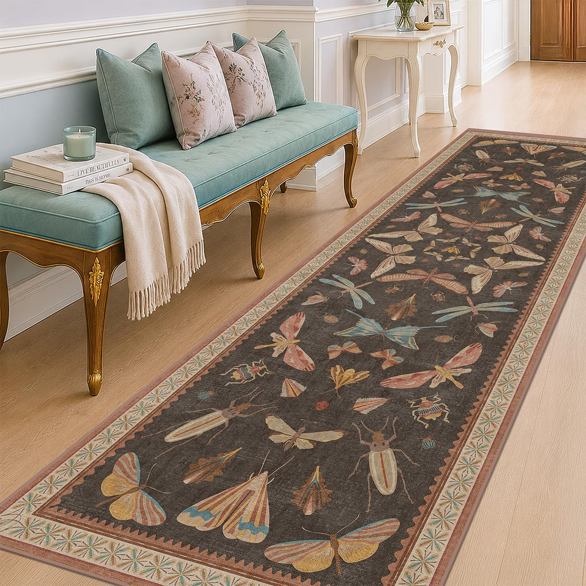 Hazo Haus Dark Green Insect Area Rugs 8x10 for Living Room, Dining Room Under Table, Bedroom, Unique Washable Floral Non Slip Low Pile Soft Rug
