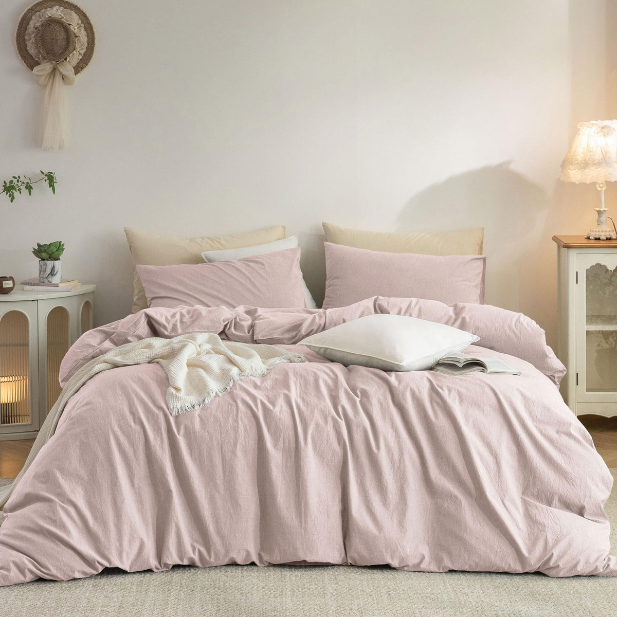 Duvet Cover Set Washed Cotton Embroidered Hem King 3‑Pcs