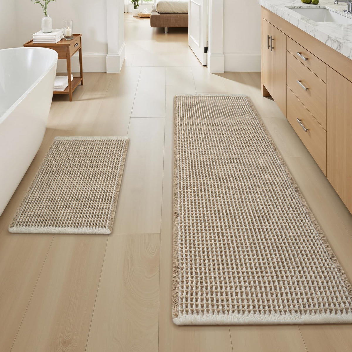 Upgraded Waffle Bath Mat Set of 2 Absorbent Bathroom Mat 18"x30" + 24"x48"