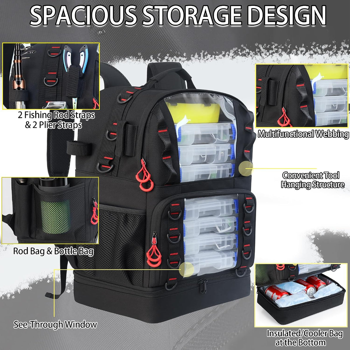 Fishing Tackle Backpack with Cooler,45L Large Tackle Bag with 2 Rod Holders & Clear Window,Outdoor Fishing Backpack for Fishing,Camping,Hiking,Black