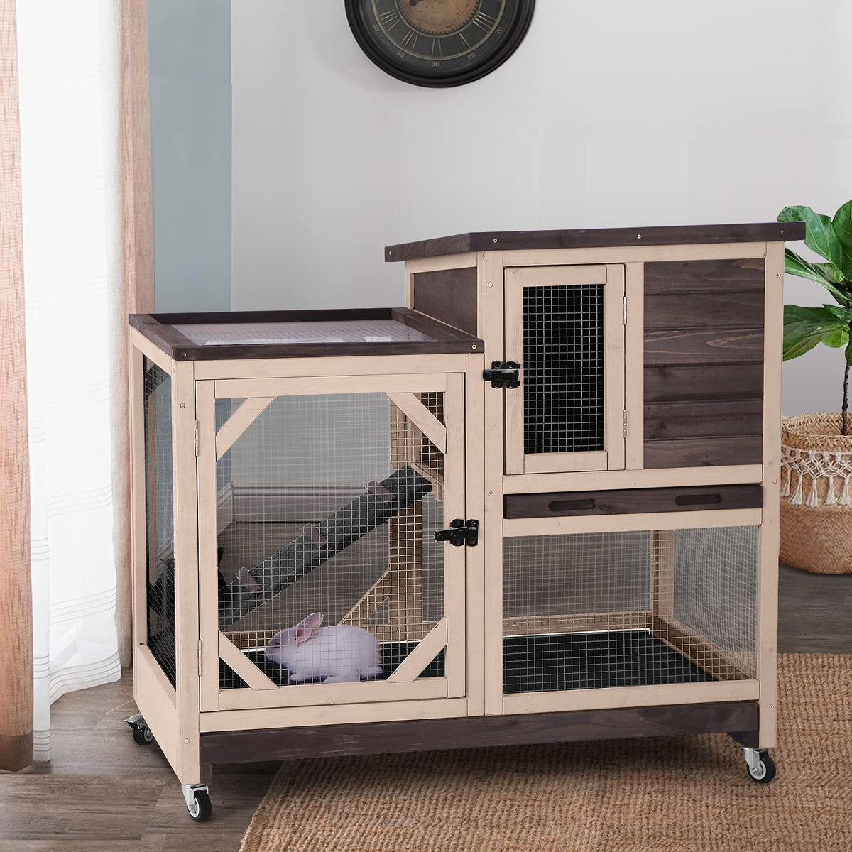GUTINNEEN Wooden Duplex Rabbit Cage on Wheels with Chew-Proof Ramp, Grey