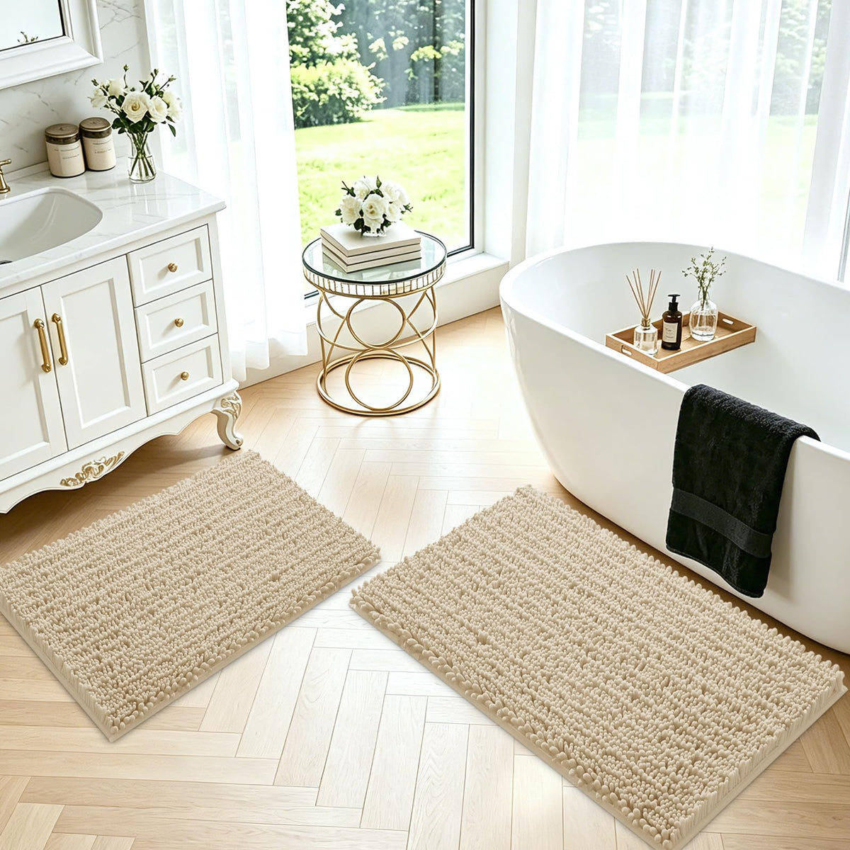 ACCUMTEK Upgrade Extra Large Black Bathroom Rug Set 3 Pieces Ultra Soft, Thick Absorbent Bath Mats, Non Slip Chenille Toilet Mat for Bathroom, Bedroom, Kitchen