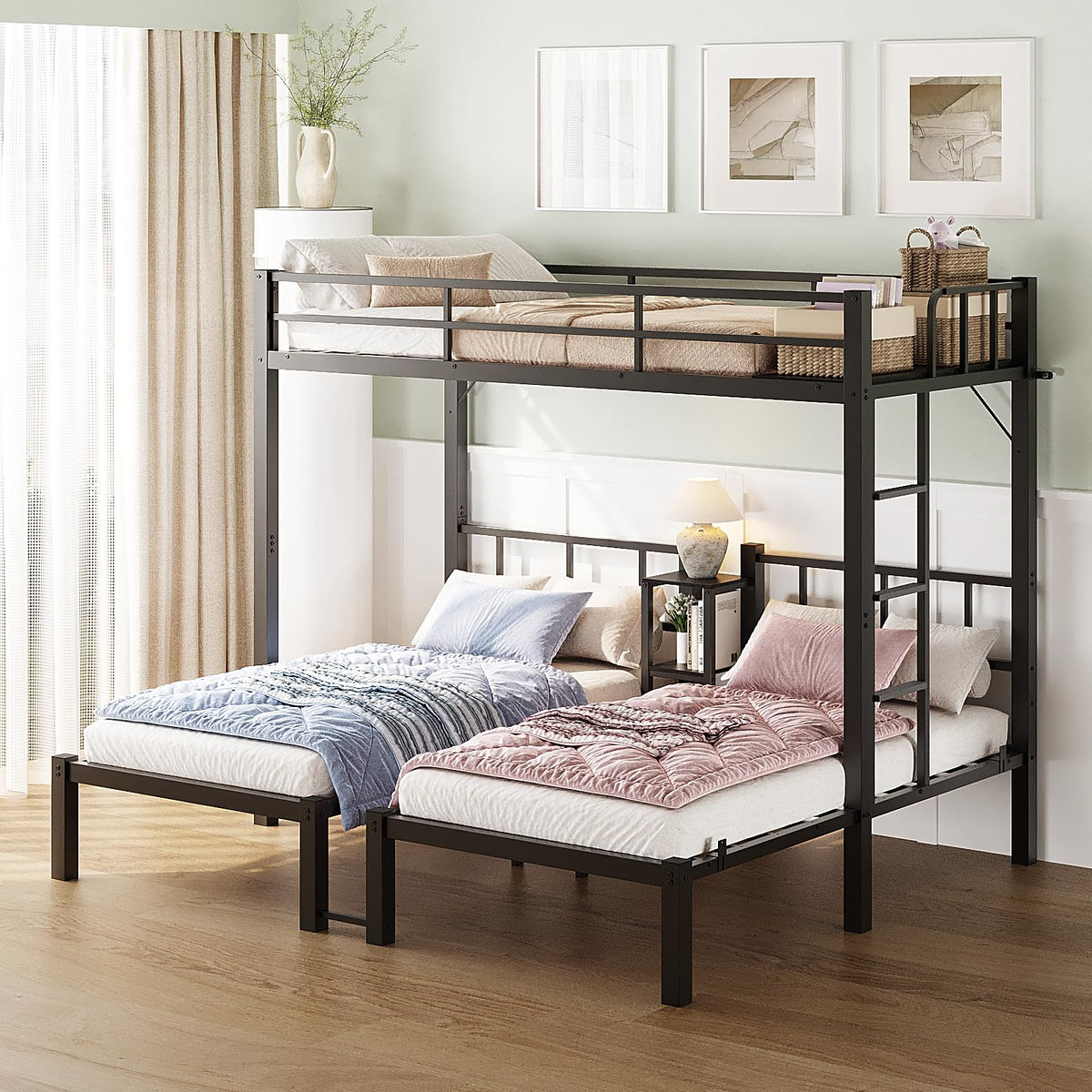 Bonnlo Bunk Bed Twin Over Twin for Kids/Teens/Adults Heavy Duty 2 Decker Bed with Flat Ladder and 13 inches High Guardrail, Metal Space Saver Bed with Stairs, Black