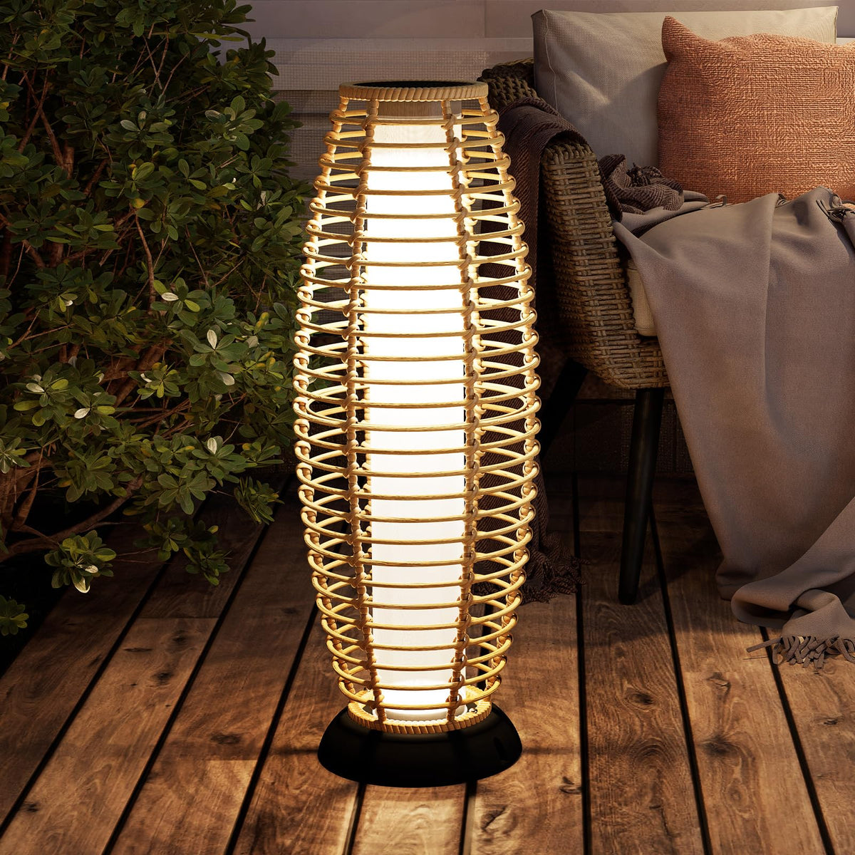 Grand patio 2-Piece Outdoor Floor Lamp Solar Powered Lantern Waterproof Wicker Boho Deck Lights for Garden Porch Decor, Large Crossover