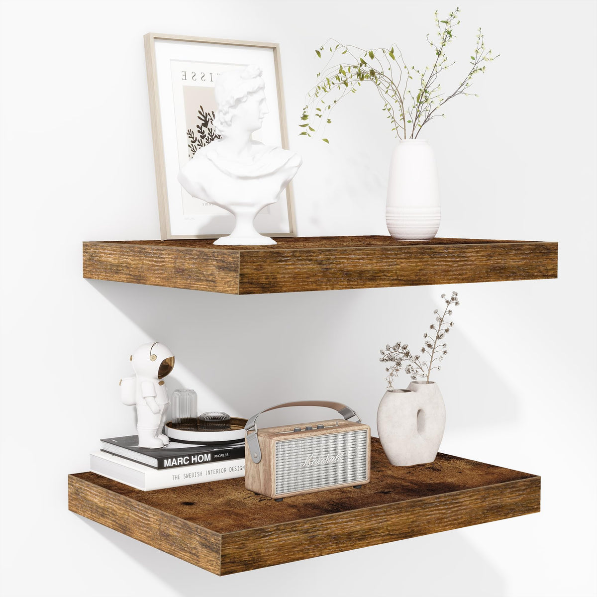 Fun Memories Floating Shelves - 2 Pack 12 Inch Rustic Wooden Wall Shelves - Extra Deeper & Thicker Wall Mounted Storage Shelf for Living Room, Kitchen, Farmhouse - 36" W x 12" D x 1.8" H - Brown