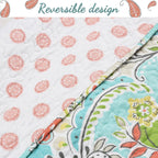 Cozy Line Home Fashions Turquoise Blue Coral Floral Leaf Reversible Quilt Bedding Set, Coverlet Bedspread Lightweight for All Seasons (Mirage Paisley, King - 6 Piece)