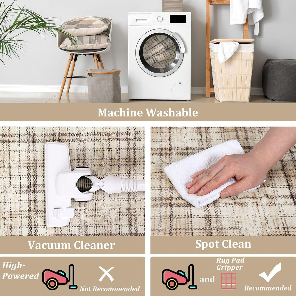 Modern Washable 8x10 Area Rug - Soft, Non-Slip, Stain Resistant, Farmhouse Tartan Plaid for Living Room, Bedroom, Nursery, Office - Beige