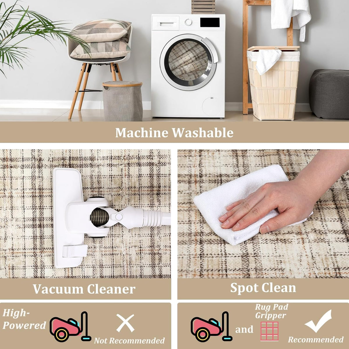 Modern Washable 8x10 Area Rug - Soft, Non-Slip, Stain Resistant, Farmhouse Tartan Plaid for Living Room, Bedroom, Nursery, Office - Beige
