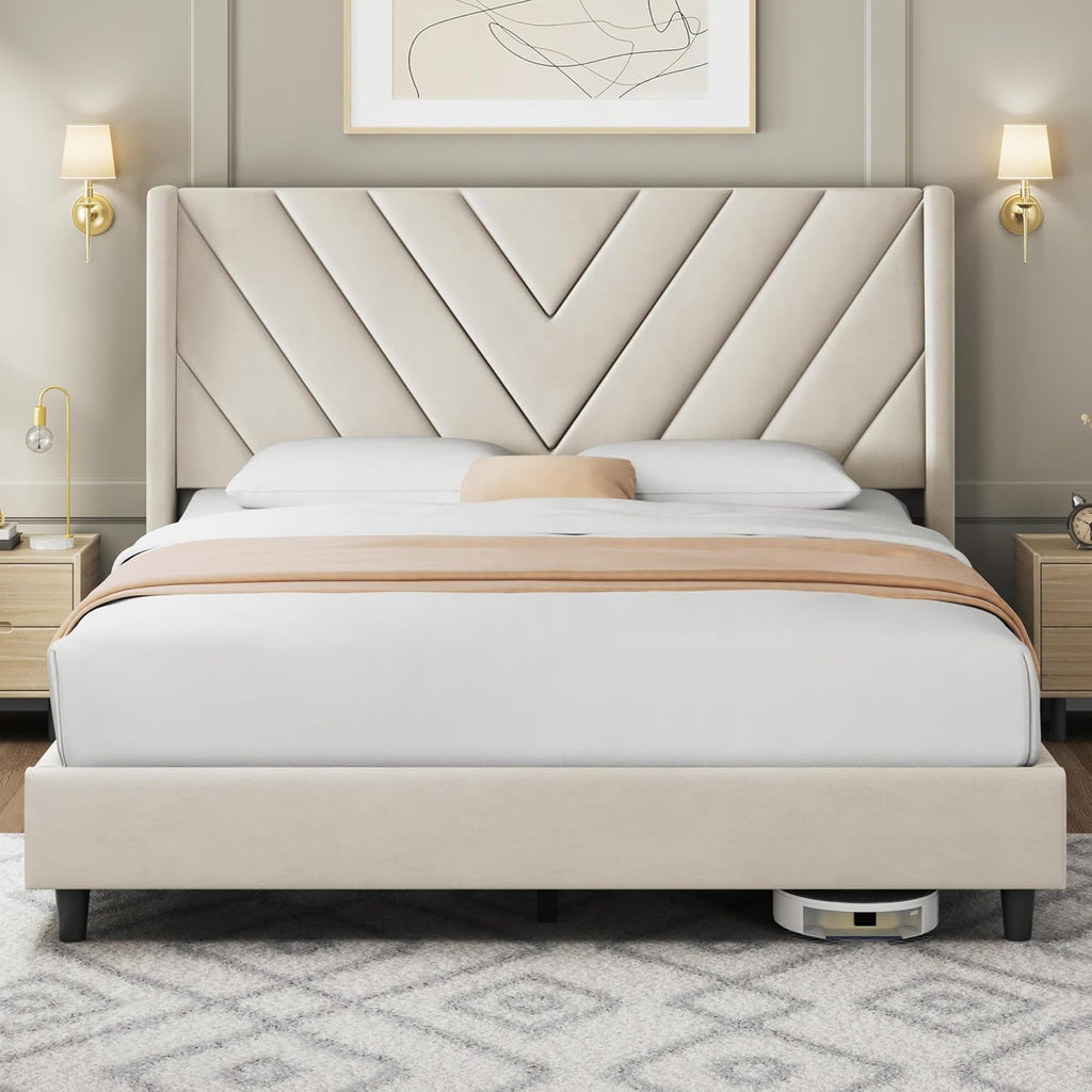 Yaheetech Queen Bed Frame with Chevron Channel-Tufted Headboard, Beige