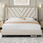 Yaheetech Queen Bed Frame with Chevron Channel-Tufted Headboard, Beige
