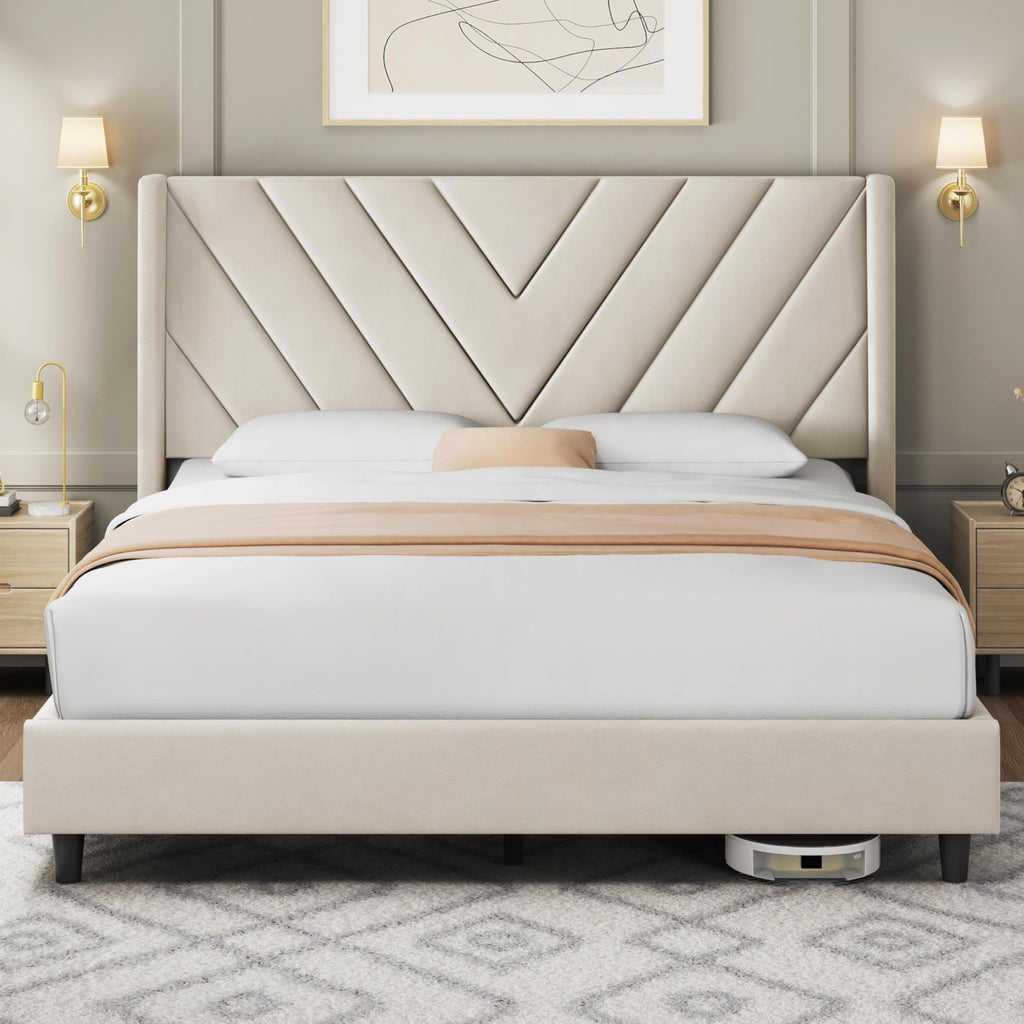 Yaheetech Queen Bed Frame with Chevron Channel-Tufted Headboard, Beige